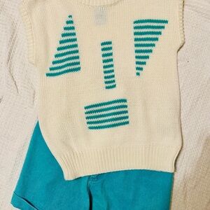 Cream and Teal Patterned Women's Sweater